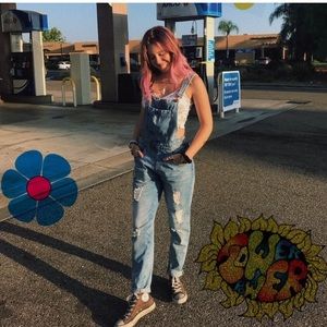 blue jean ripped overalls